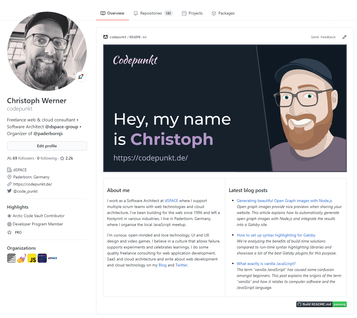 Screenshot of GitHub profile with profile README for codepunkt