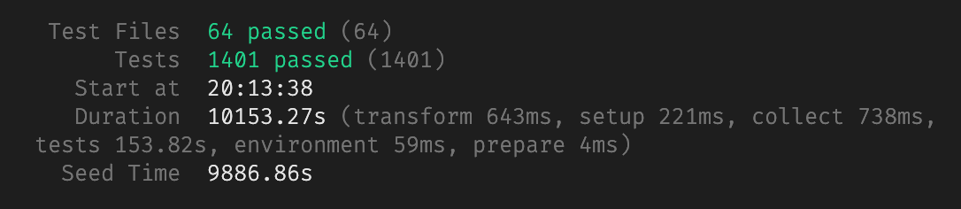 Slow test run showing long execution time due to full database reseeding.