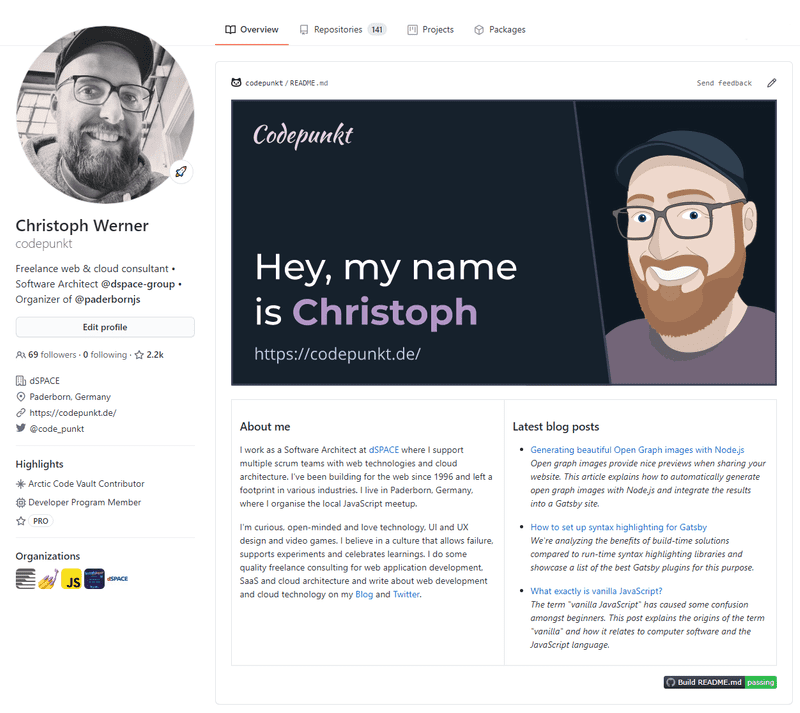 Screenshot of GitHub profile with profile README for codepunkt